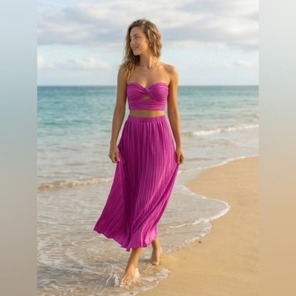 Twist-Front Crop Top & Flowy Pleated  Maxi Skirt Set Pink